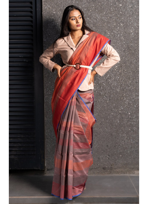Rust with Brown, Handwoven Organic Cotton, Multi Textured Weave , Jacquard, Work Wear Saree